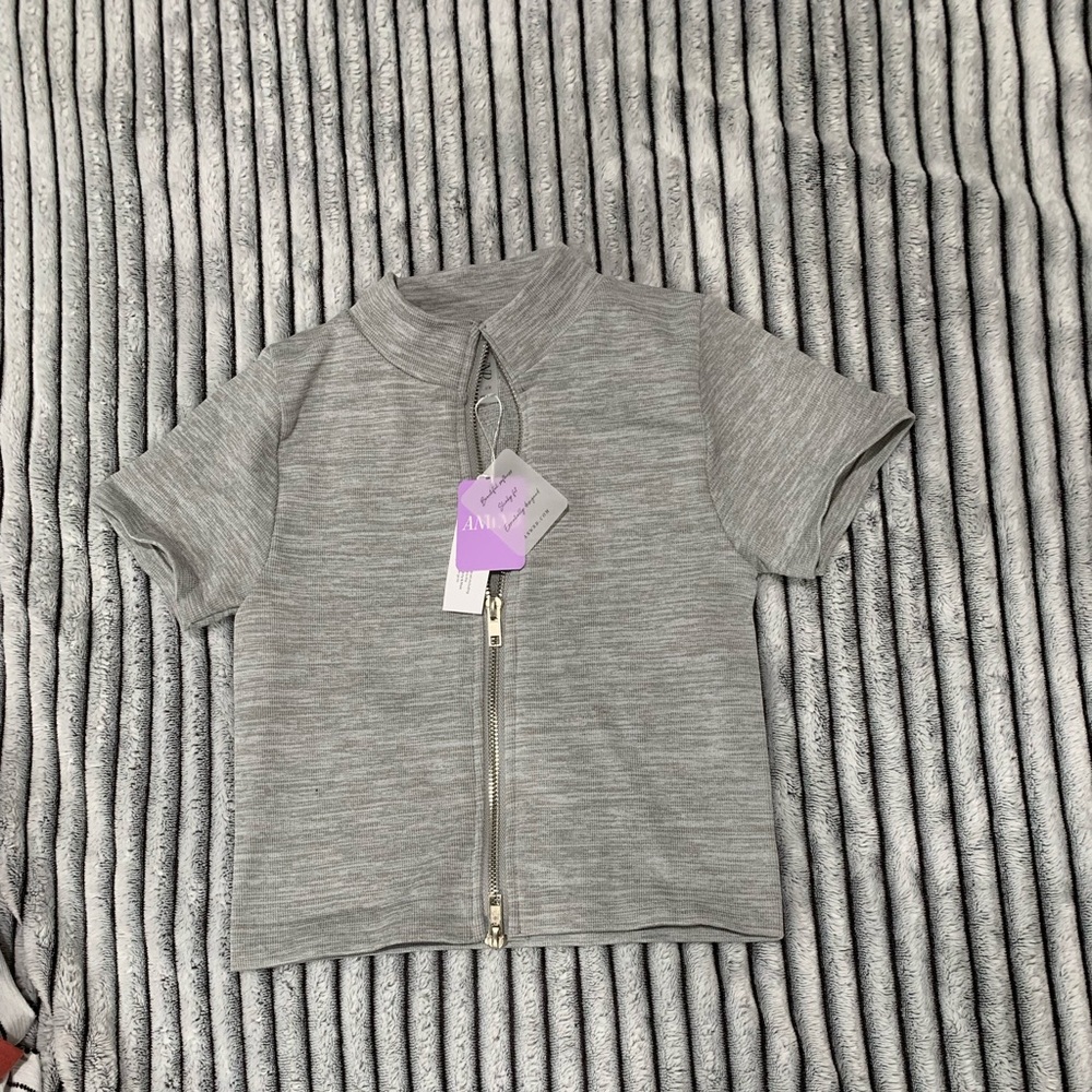 Heather Grey Seamless Short Sleeve Zip-Up Top Size S/M